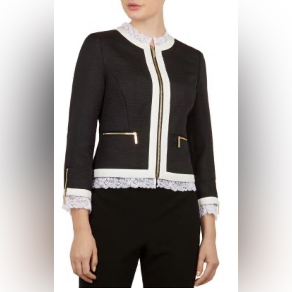 NWT Ted Baker Navy Lace Trim Contrast Zip Blazer Jacket with Gold Trim Sz 1(US4)
